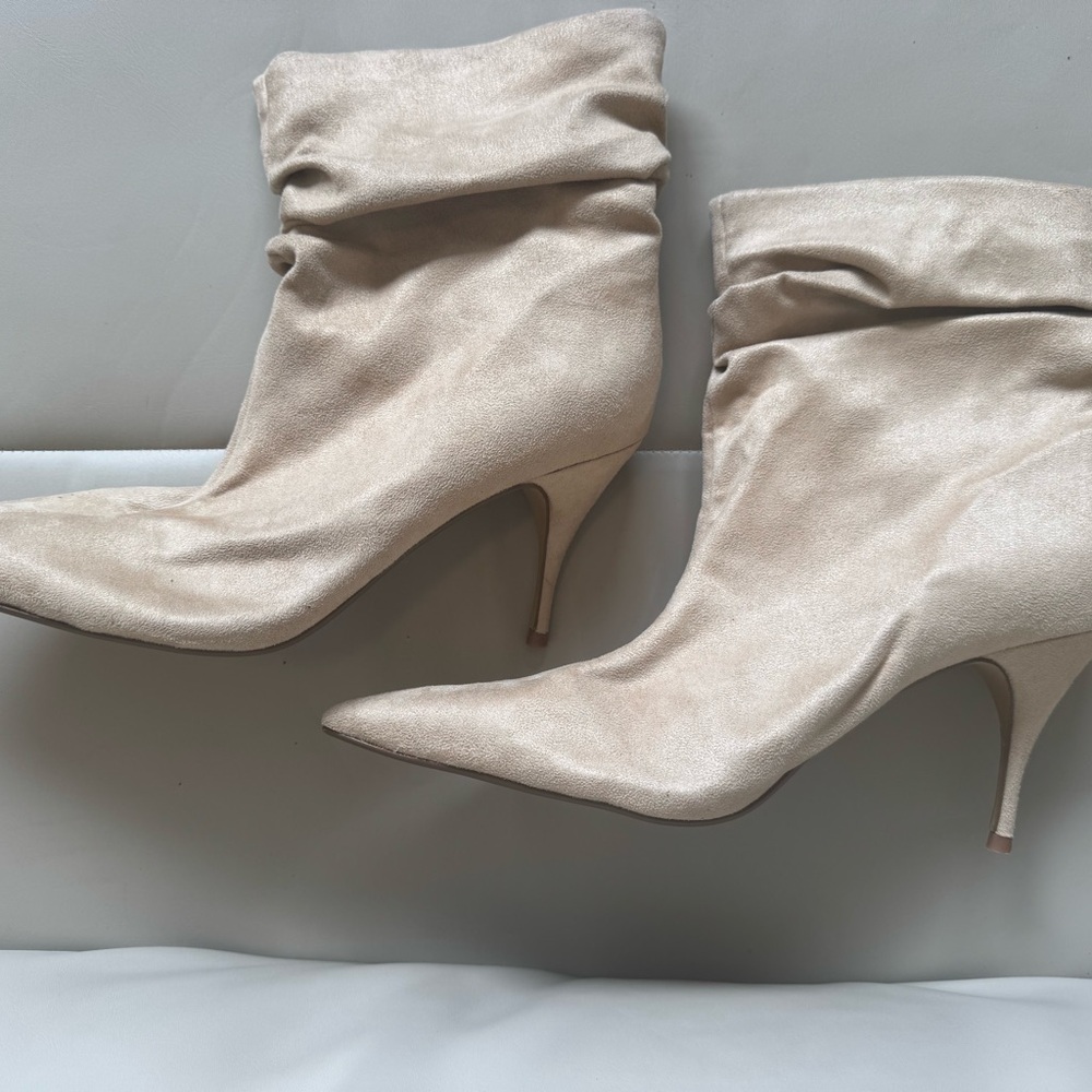 Brian Atwood X Express Suede Slouch Thin Heeled Boots Neutral Women's - 10